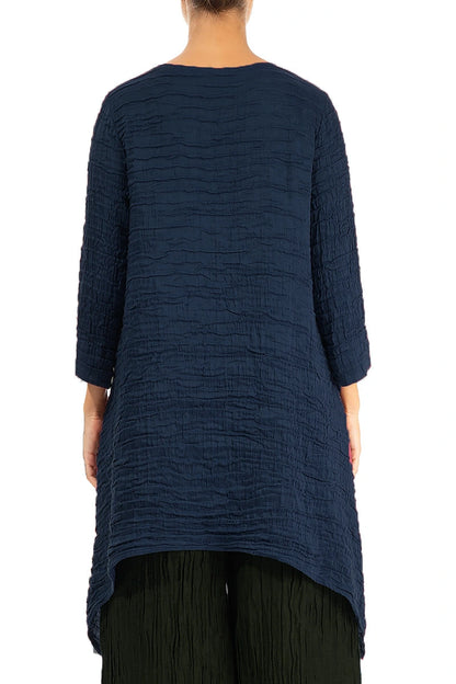 Dropped Edge Navy Crinkled Silk Tunic 2