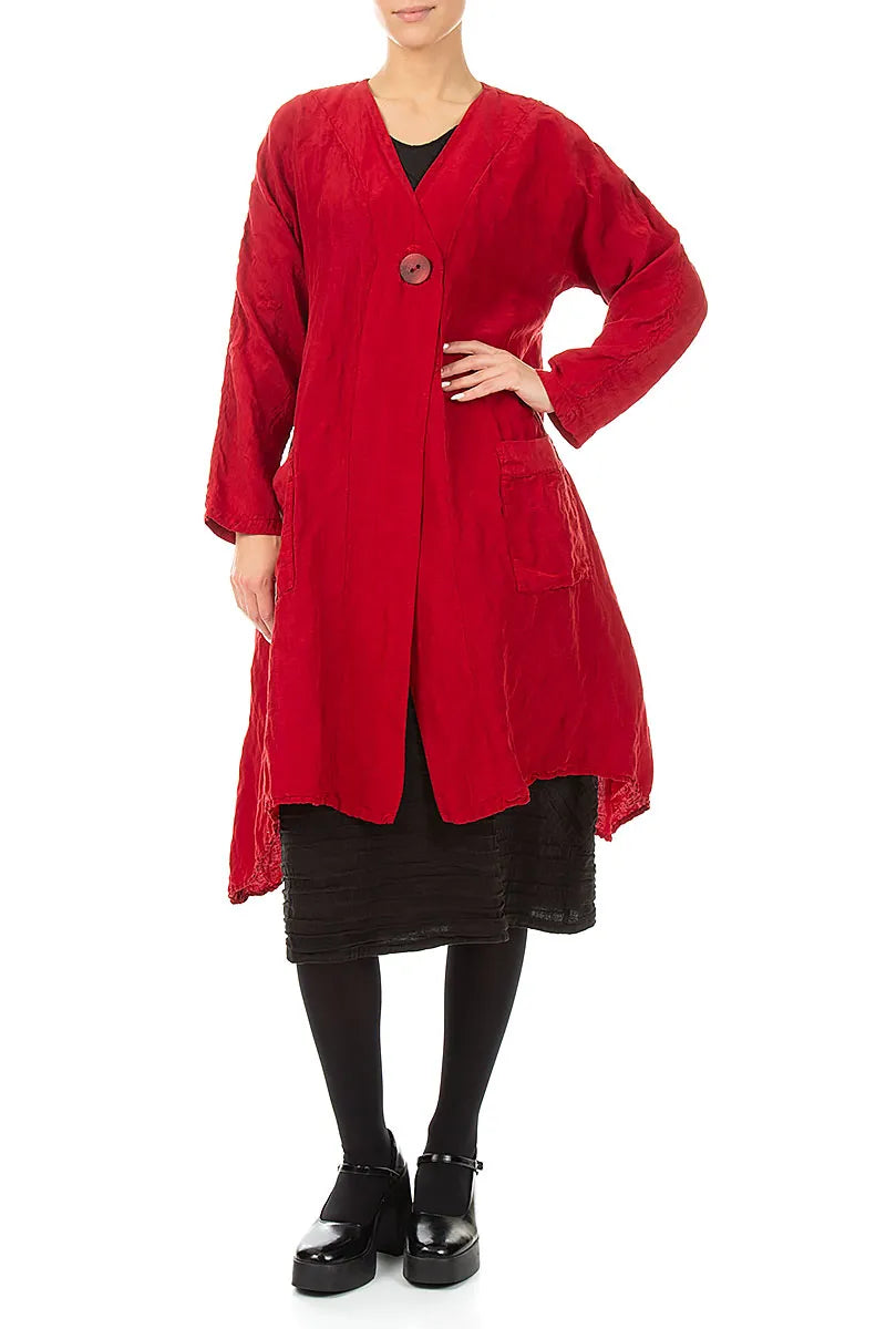 Dropped Edge Textured Cherry Red Silk Linen Jacket 4