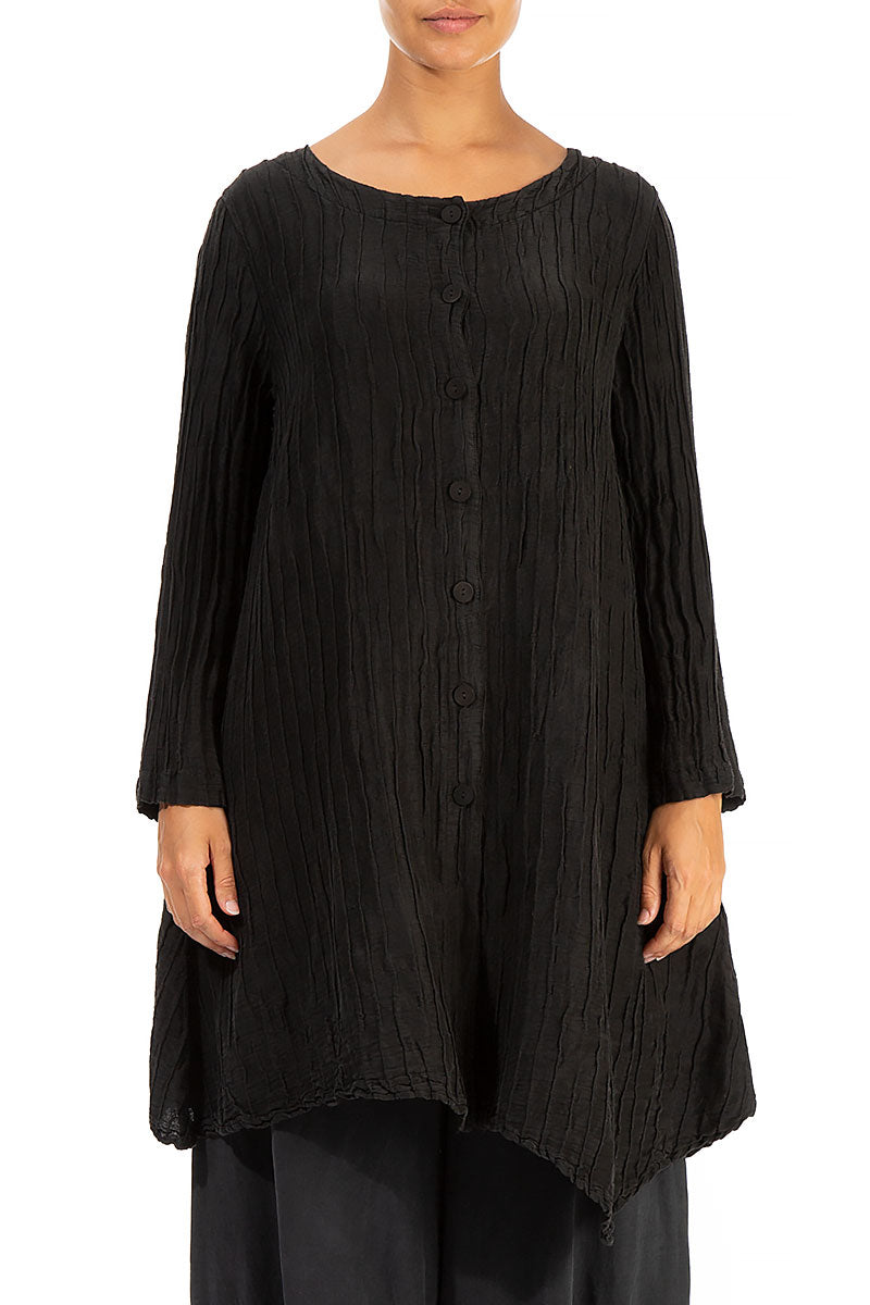 Dropped Side Crinkled Black Silk Jacket 1