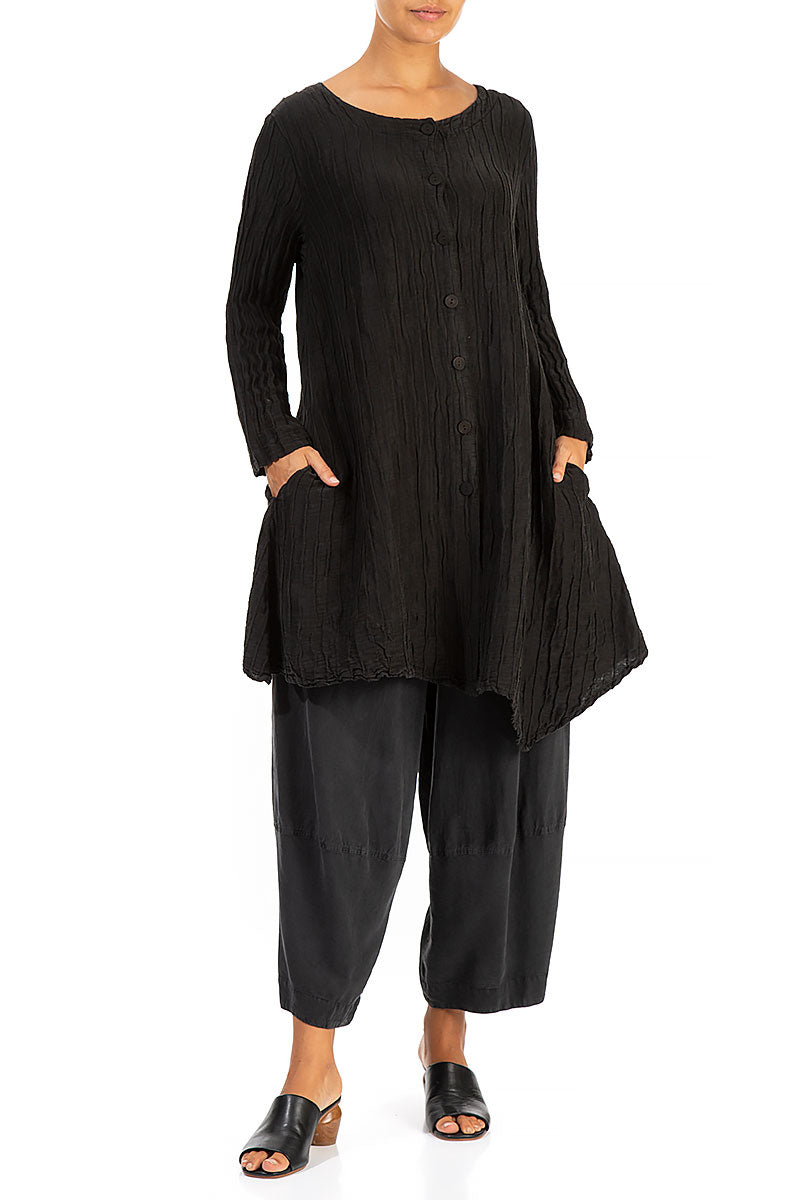 Dropped Side Crinkled Black Silk Jacket 4