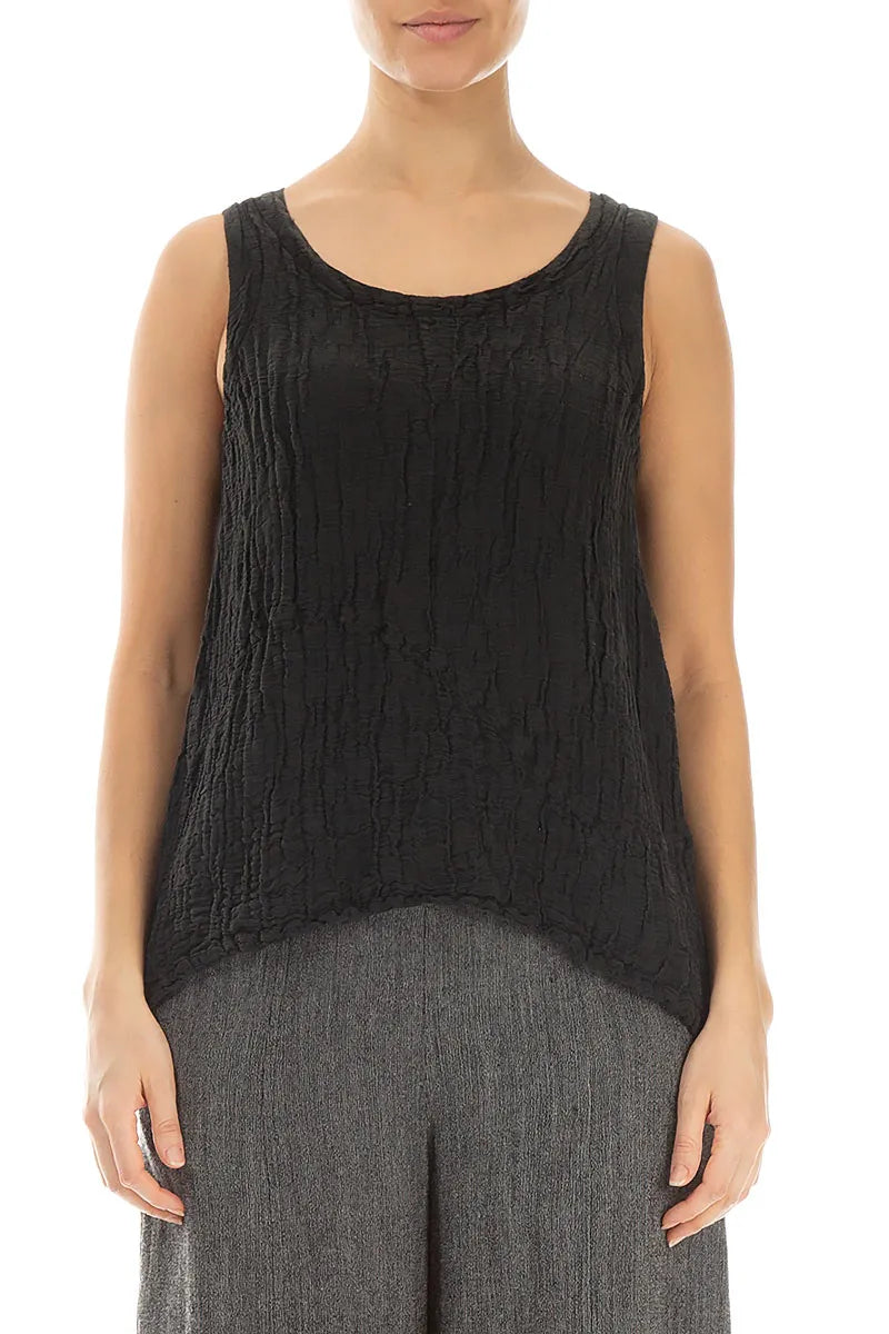 Dropped Sides Black Crinkled Silk Linen Blouse 1