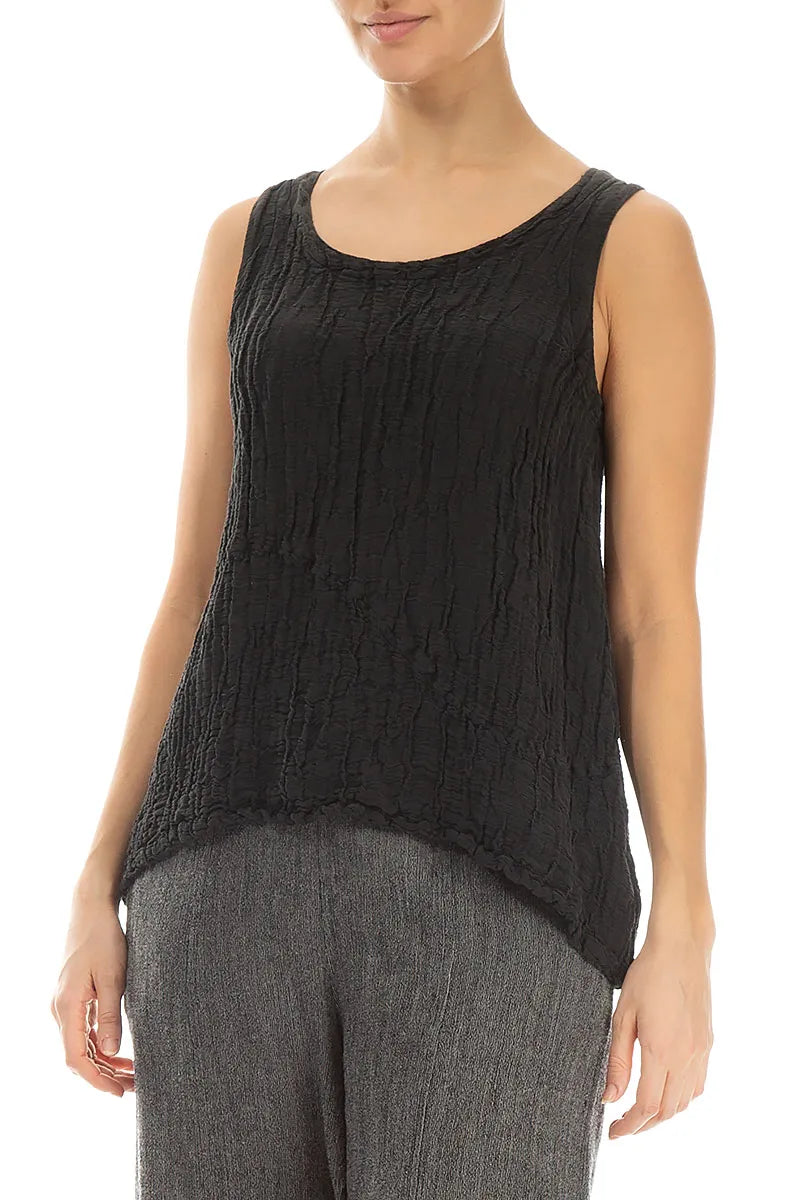 Dropped Sides Black Crinkled Silk Linen Blouse 3