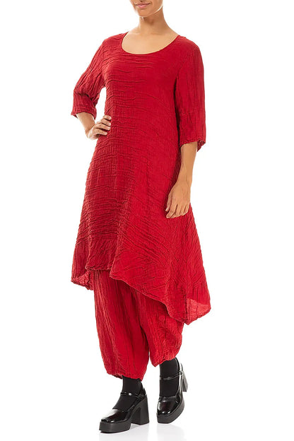 Dropped Sides Crinkled Red Silk Linen Tunic