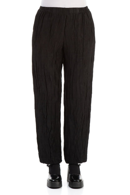 Elegant Straight Crinkled Black Silk Trousers 1