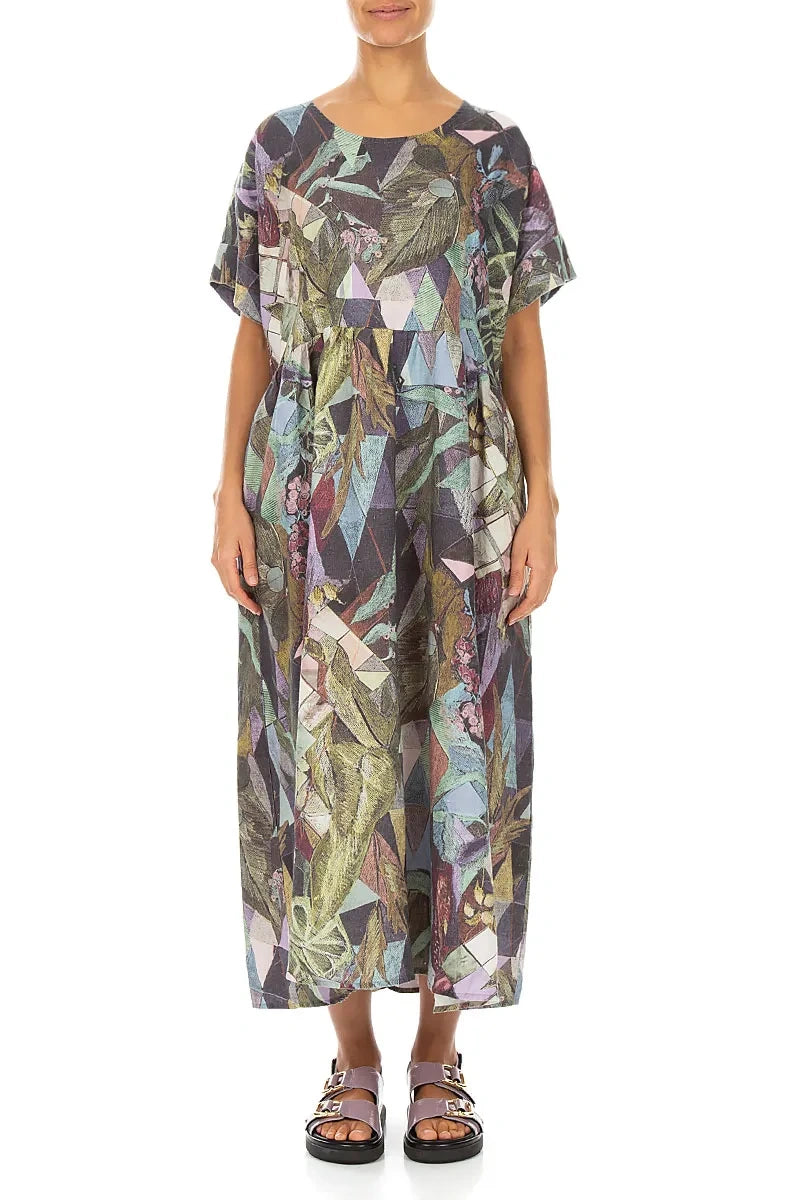 Empire Waist Art Mosaic Linen Dress 1