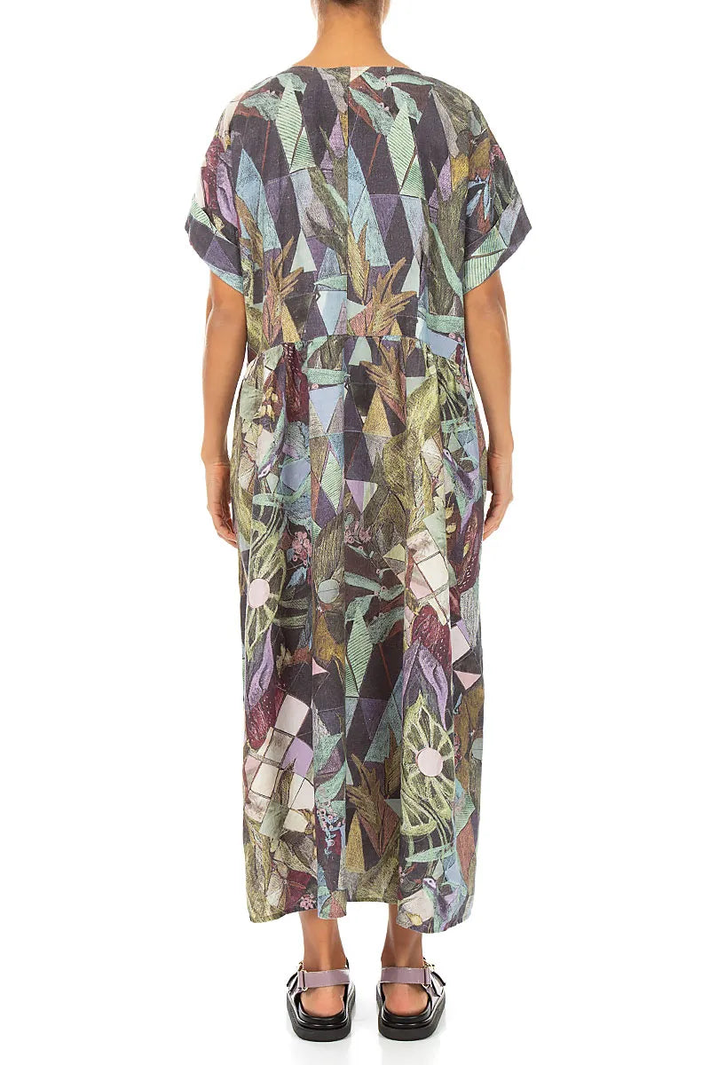 Empire Waist Art Mosaic Linen Dress 2