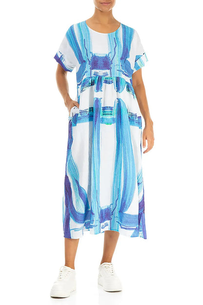 Empire Waist Blue Brushstroke Linen Dress