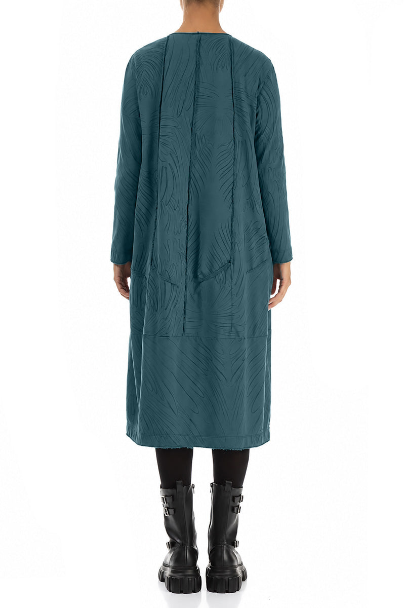 Exposed Seam Deep Turquoise Feathers Cotton Dress 2