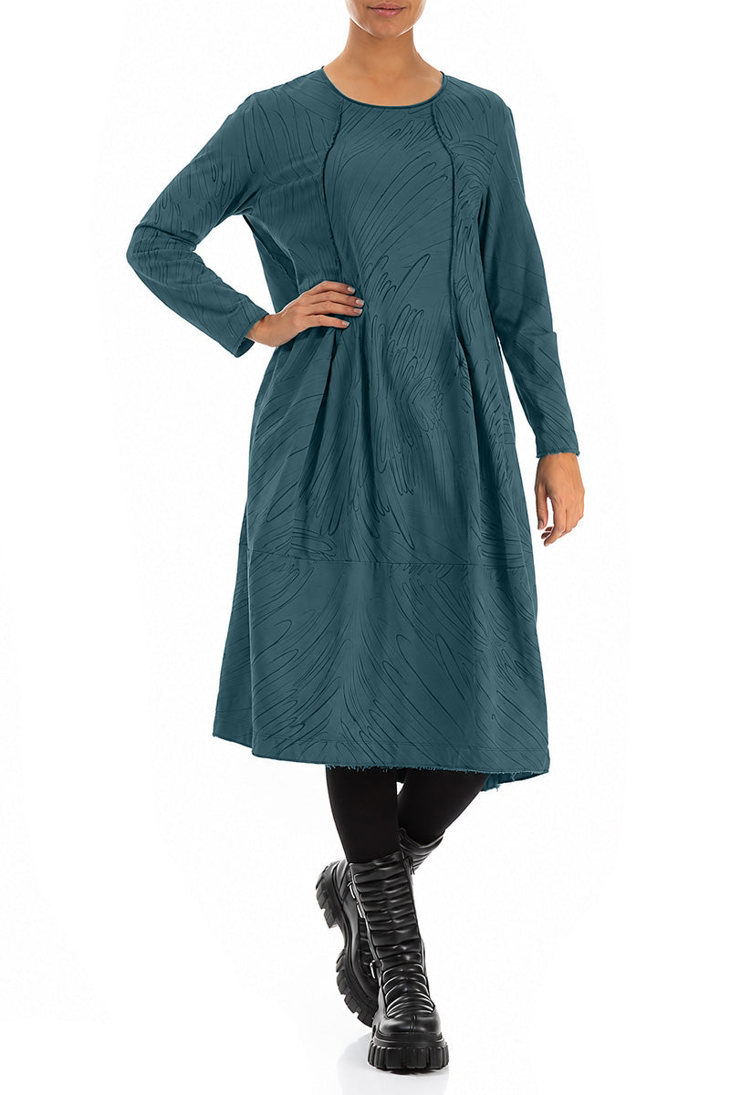Exposed Seam Deep Turquoise Feathers Cotton Dress 4