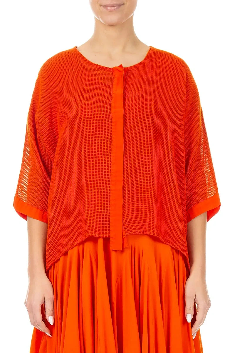 Flammenoranges Seidenjackett mit mittiger Knopfleiste und Mesh-Einsätzen