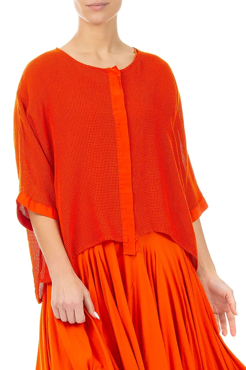 Flame Orange Centre Placket Mesh Silk Jacket