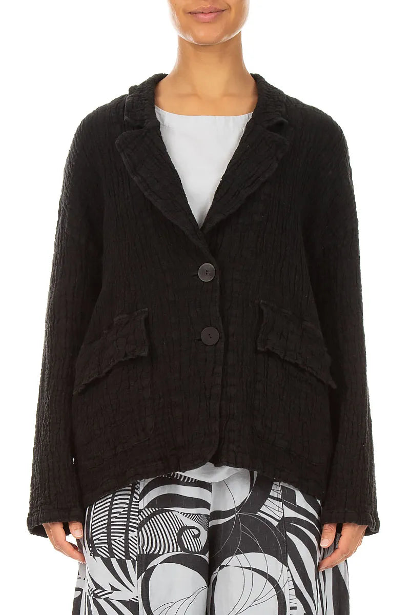 Flap Pocket Black Textured Linen Jacket 1