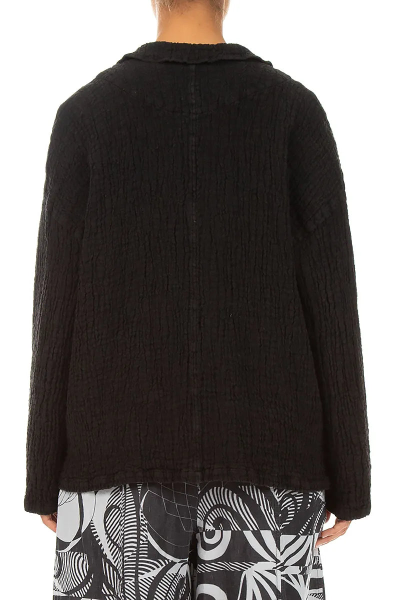 Flap Pocket Black Textured Linen Jacket 2