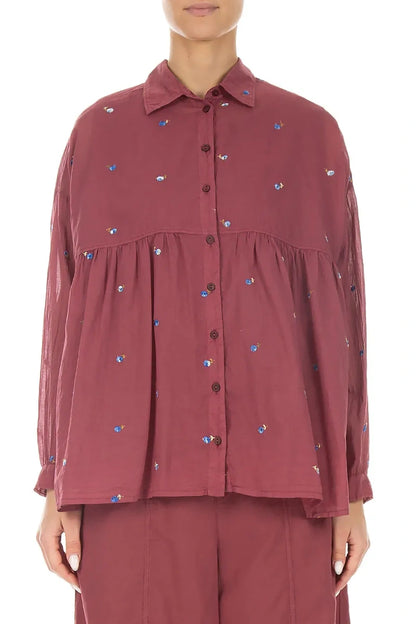 Flared Antique Ruby Embroidered Petals Cotton Shirt 1