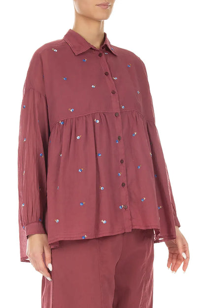 Flared Antique Ruby Embroidered Petals Cotton Shirt 3