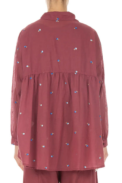 Flared Antique Ruby Embroidered Petals Cotton Shirt 2