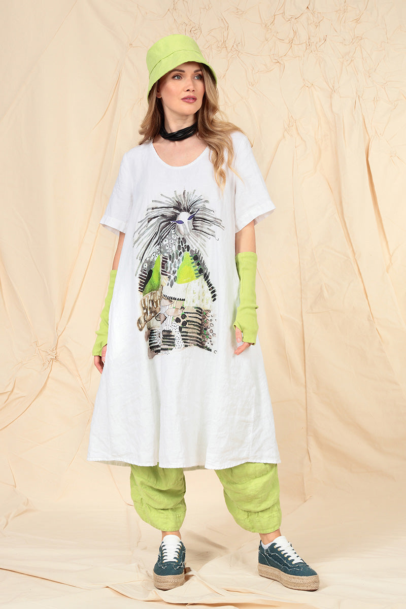 Flared Artique White Linen Dress 5