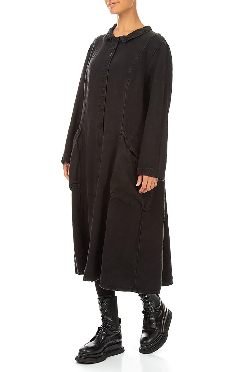 Flared Back Black Heavy Linen Coat 3
