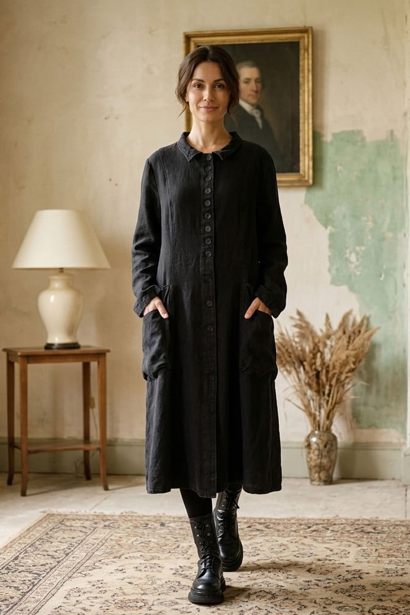 Flared Back Black Heavy Linen Coat 8