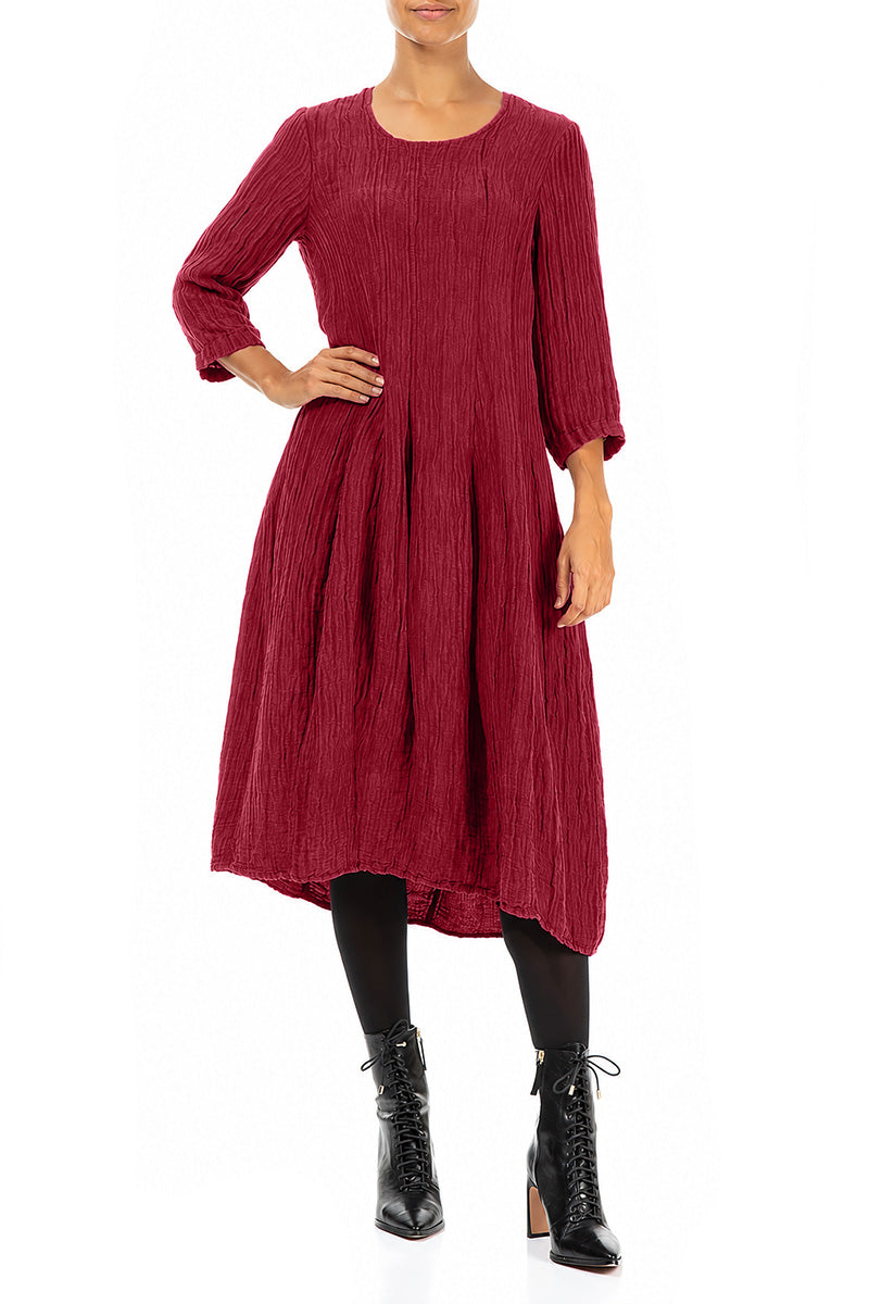 Flared Balloon Crinkled Ruby Silk Dress 3