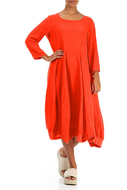 Robe en lin orange, coupe évasée, manches ballon