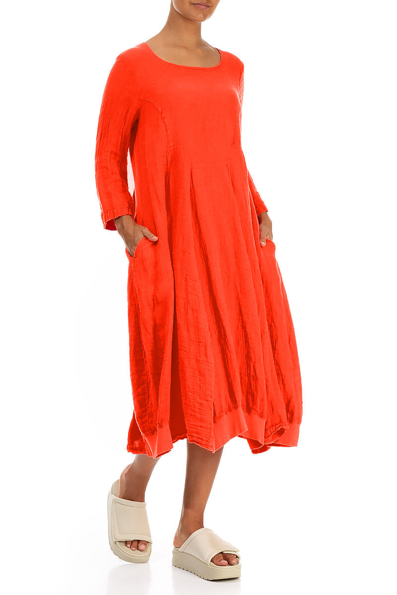 Robe en lin orange, coupe évasée, manches ballon