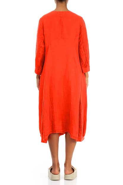 Robe en lin orange, coupe évasée, manches ballon