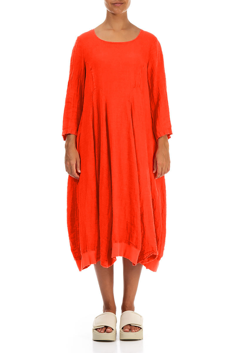 Robe en lin orange, coupe évasée, manches ballon