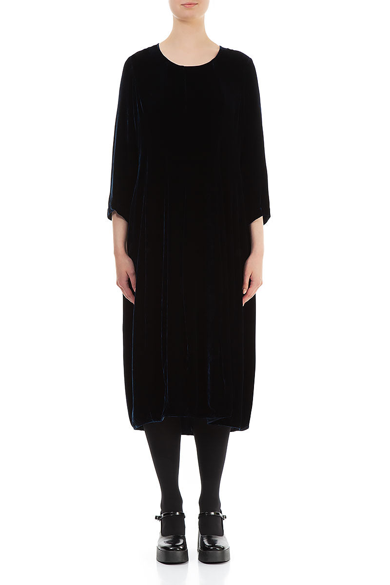 Flared Balloon Navy Silk Velvet Dress 1