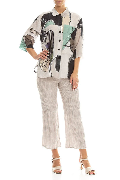 Flared Beige Crinkled Silk Trousers 4