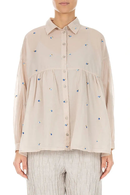 Flared Beige Embroidered Petals Cotton Shirt 1