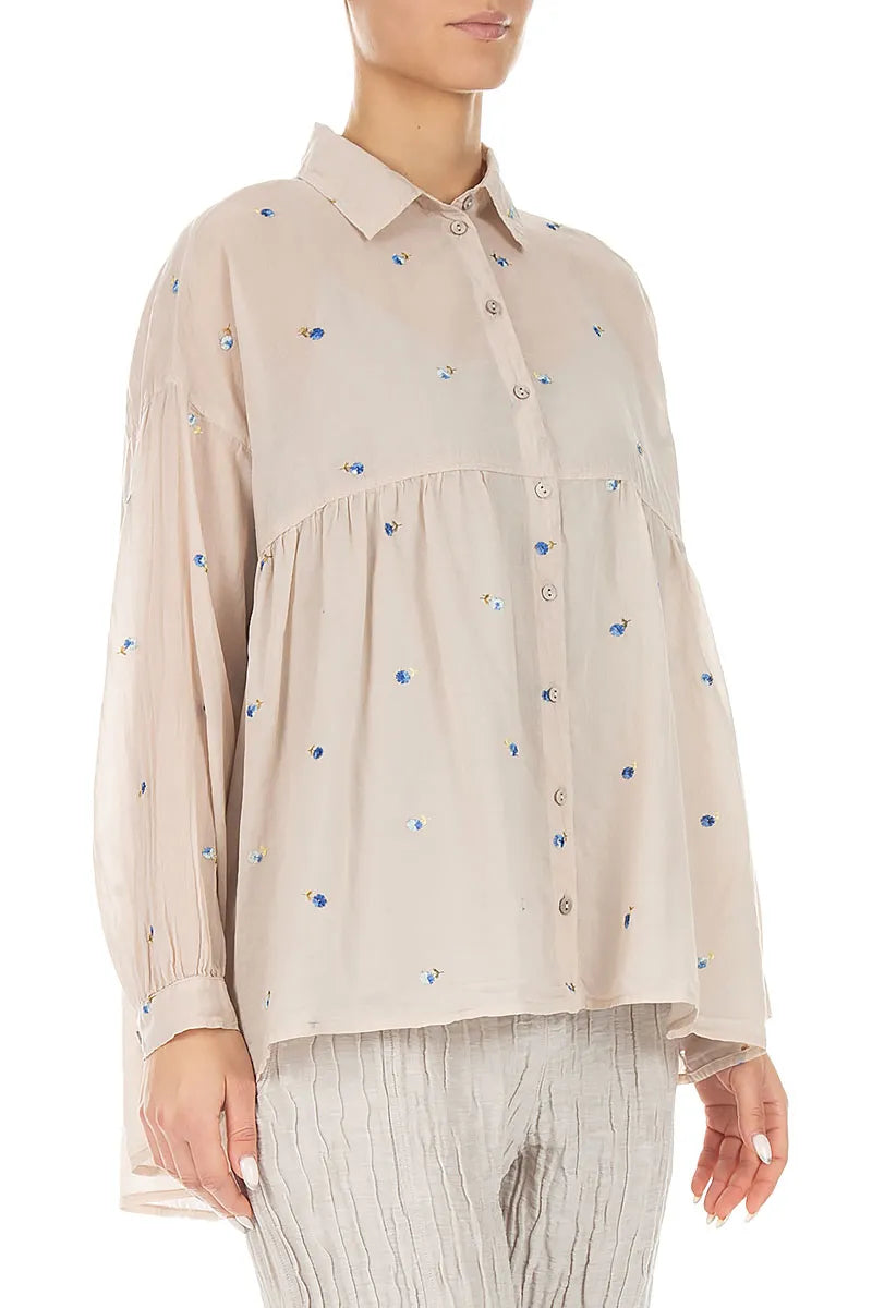 Flared Beige Embroidered Petals Cotton Shirt 3