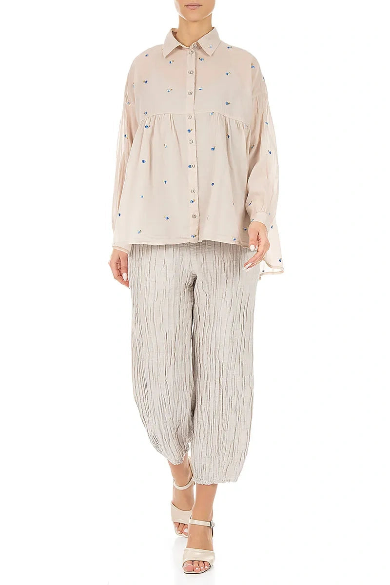 Flared Beige Embroidered Petals Cotton Shirt 4