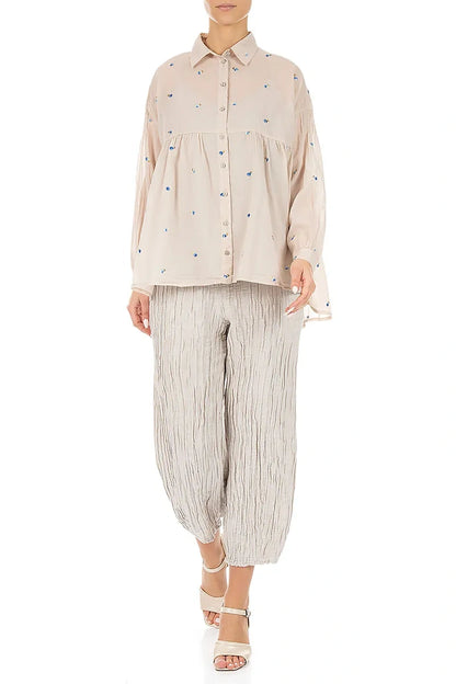 Flared Beige Embroidered Petals Cotton Shirt 4