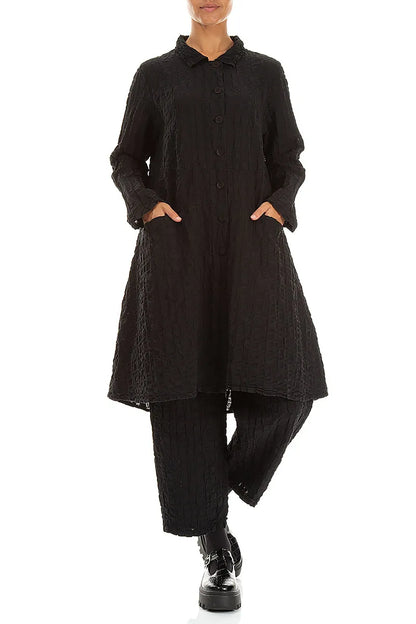 Flared Black Checkered Linen Cotton Jacket
