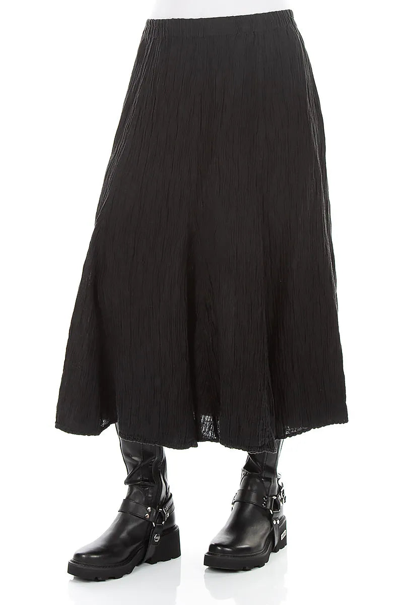Flared Black Crinkled Silk Skirt