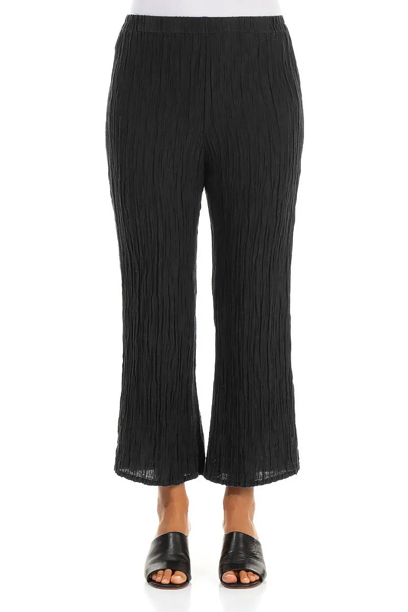 Flared Black Crinkled Silk Trousers 1
