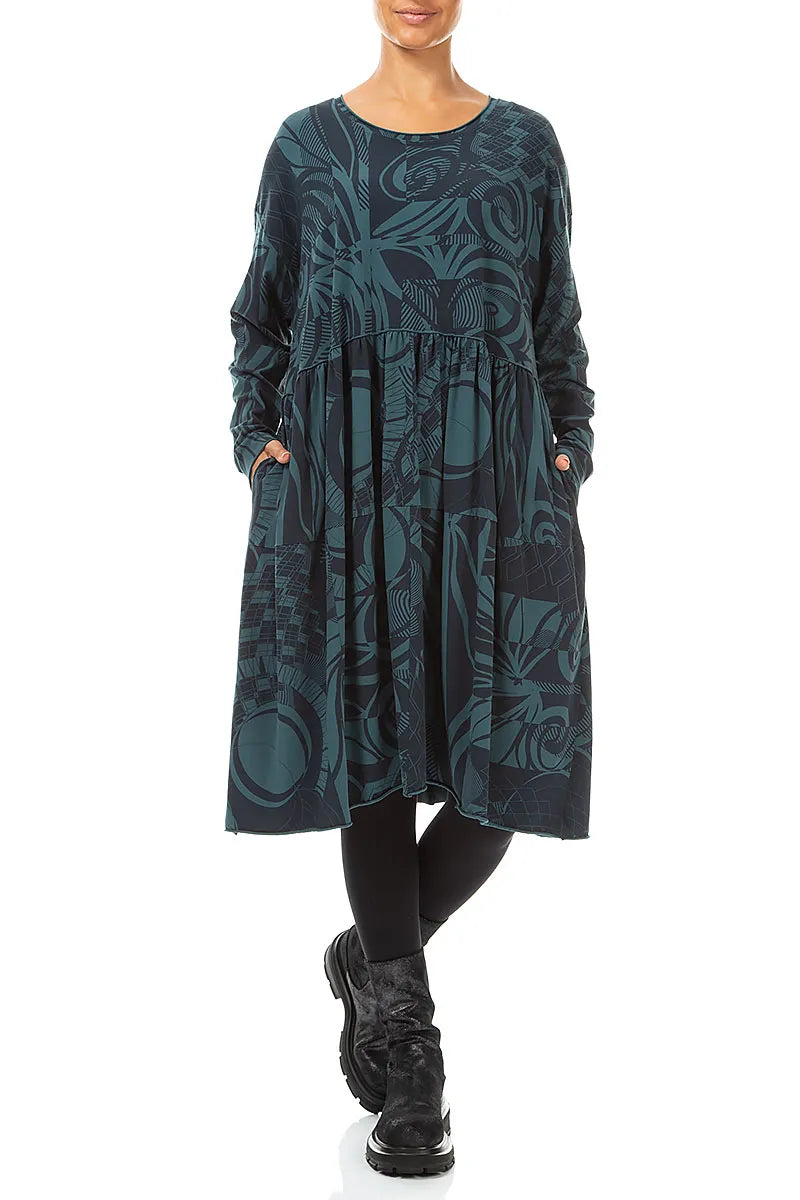 Flared Boxy Deep Turquoise Orbit Cotton Dress 5