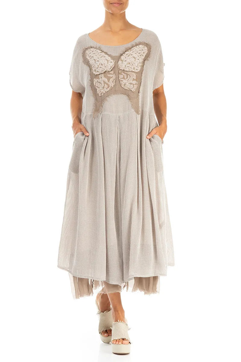 Flared Butterfly Beige Mesh Silk Dress 4