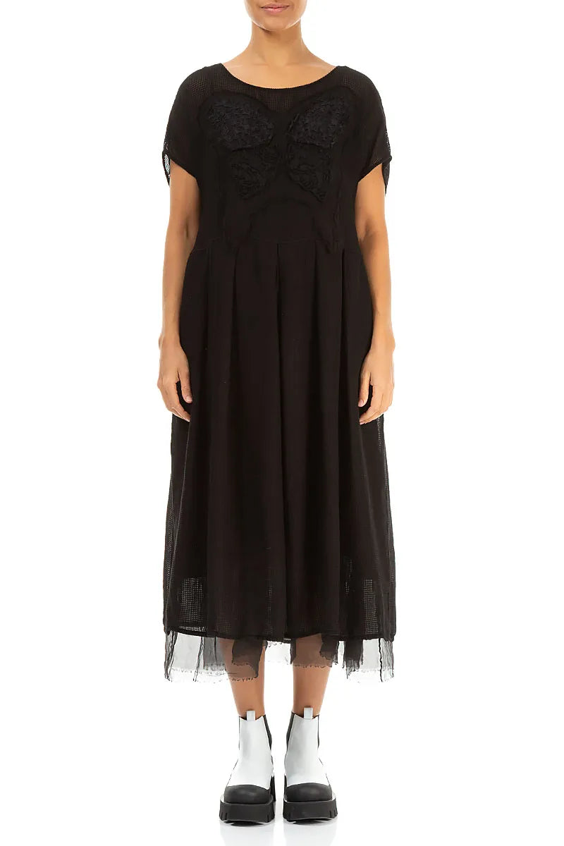 Flared Butterfly Black Mesh Silk Dress