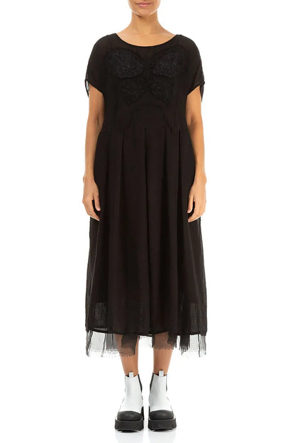 Flared Butterfly Black Mesh Silk Dress