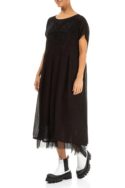 Flared Butterfly Black Mesh Silk Dress