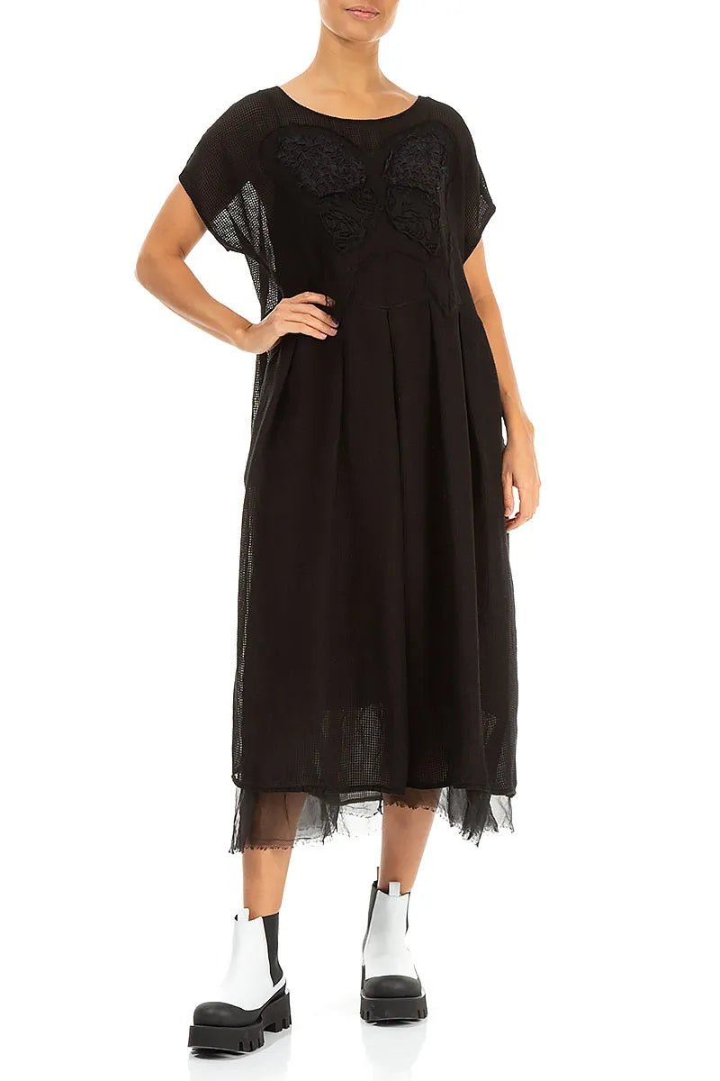Flared Butterfly Black Mesh Silk Dress