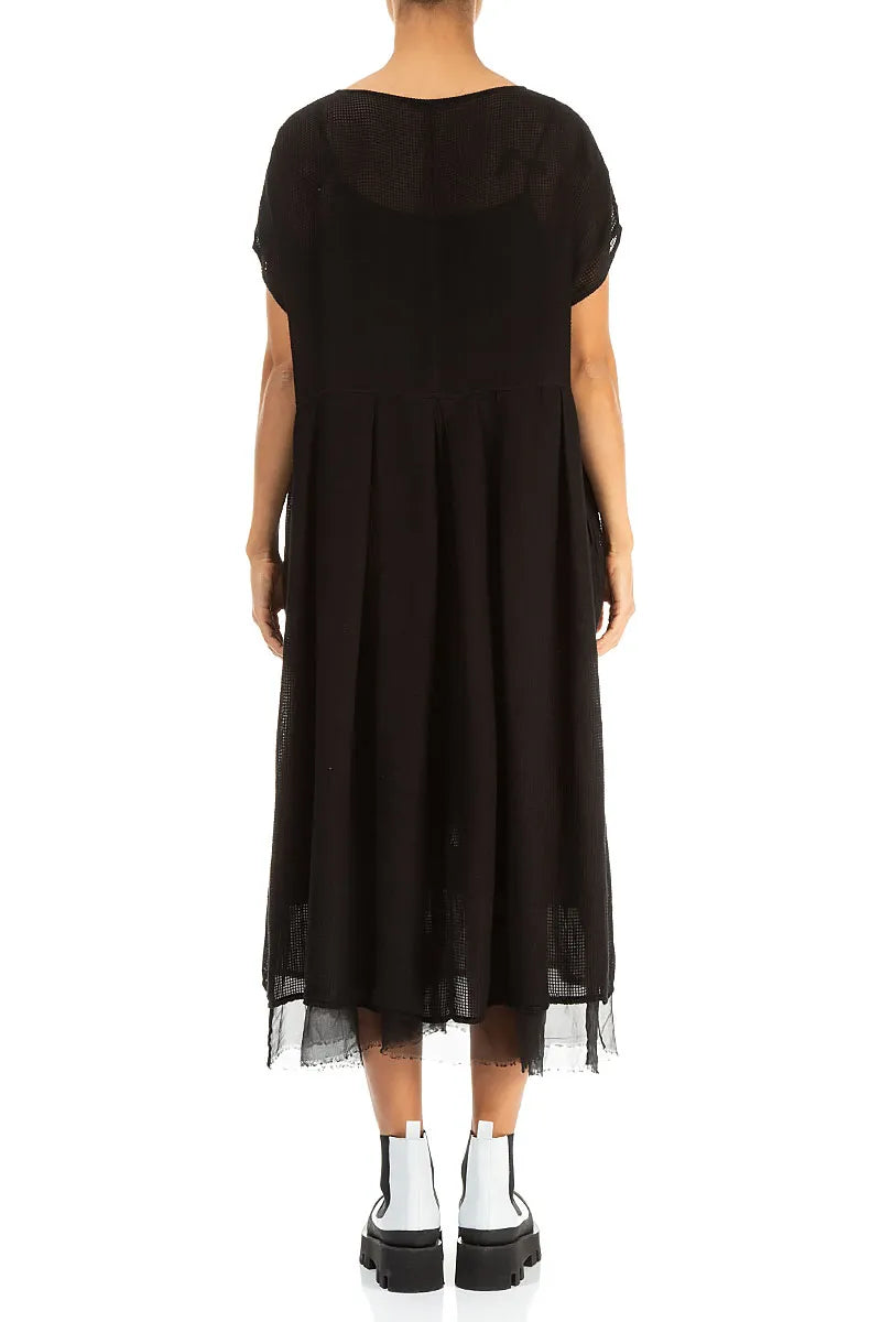 Flared Butterfly Black Mesh Silk Dress