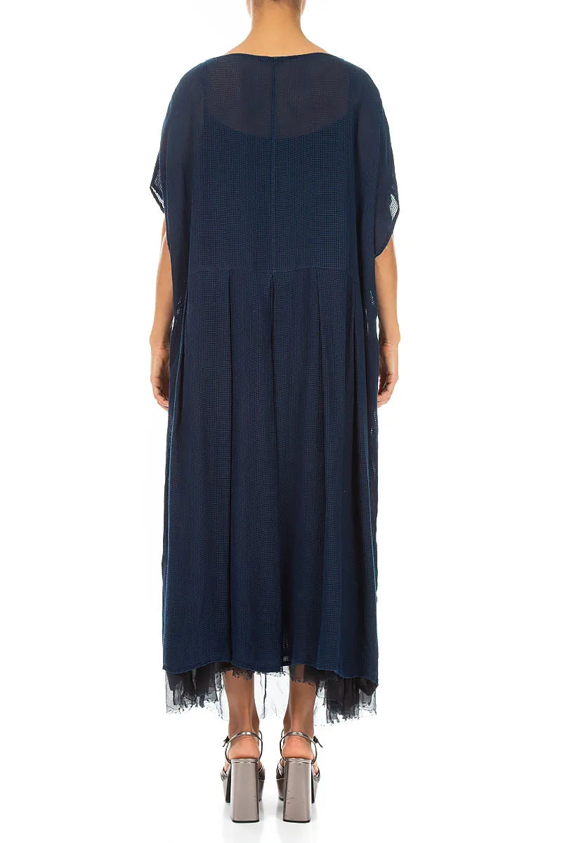 Flared Butterfly Navy Mesh Silk Dress