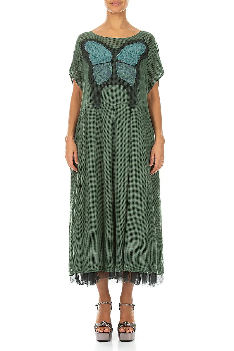 Flared Butterfly Sage Mesh Silk Dress
