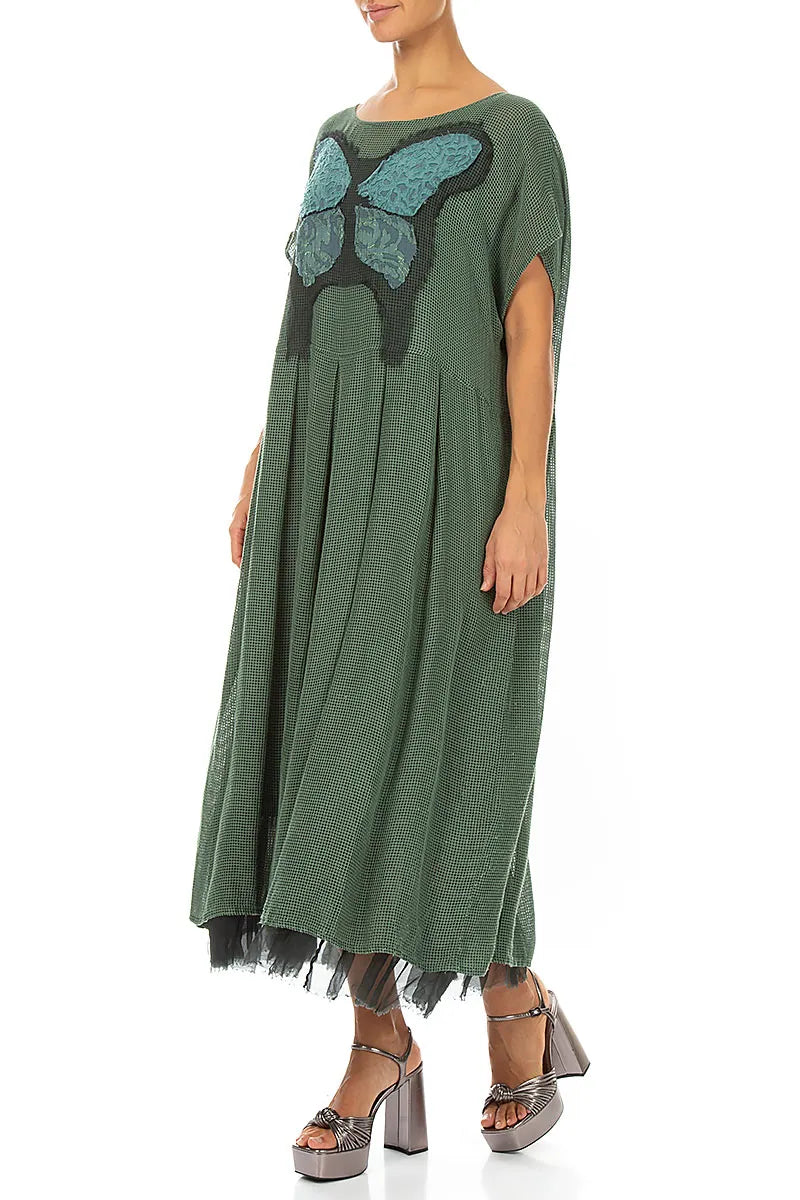 Flared Butterfly Sage Mesh Silk Dress