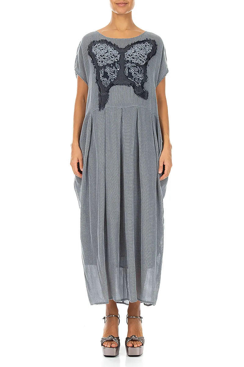Flared Butterfly Silver Grey Mesh Silk Dress