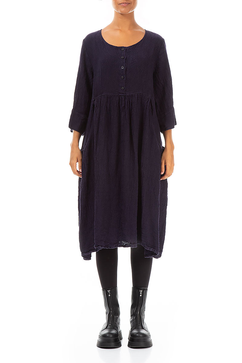 Flared Buttons Royal Purple Mélange Linen Dress
