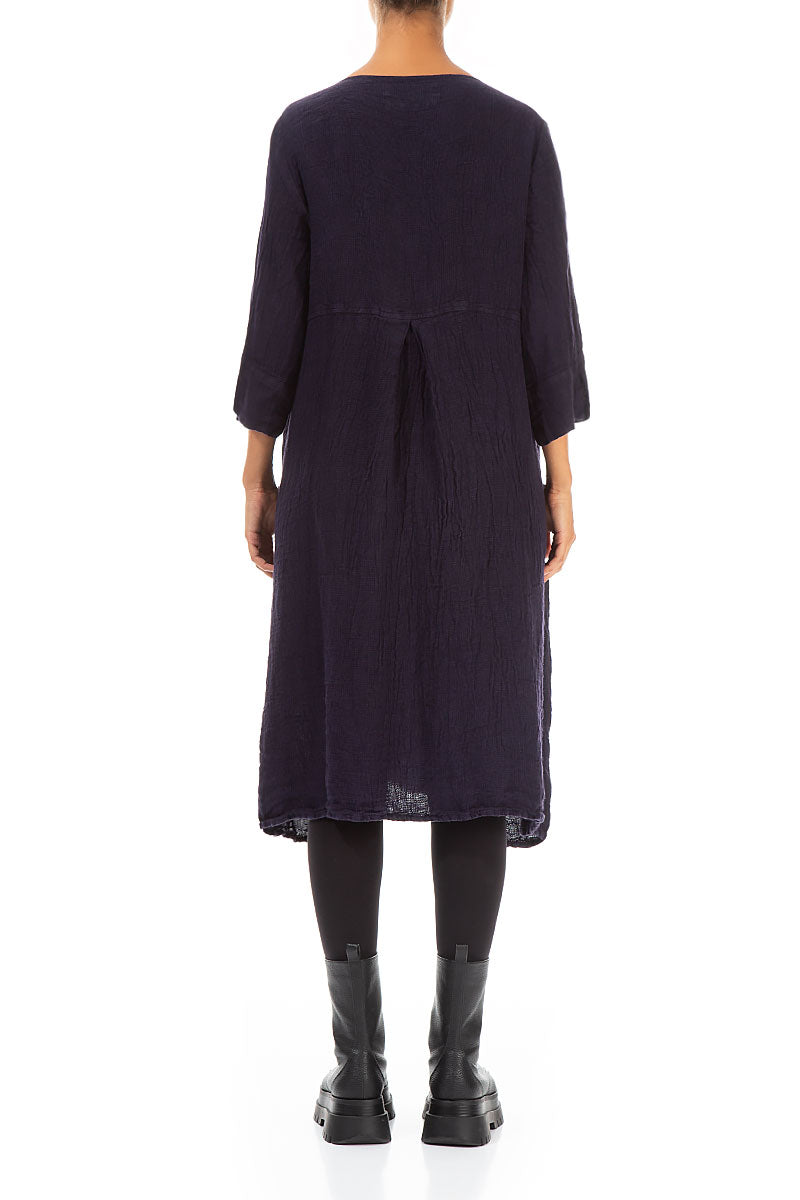 Flared Buttons Royal Purple Mélange Linen Dress